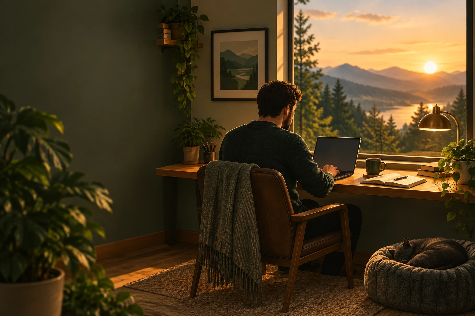 A man working at a laptop in a golden-hour home office overlooking mountains and a lake, with a brass desk lamp and a sleeping cat beside him