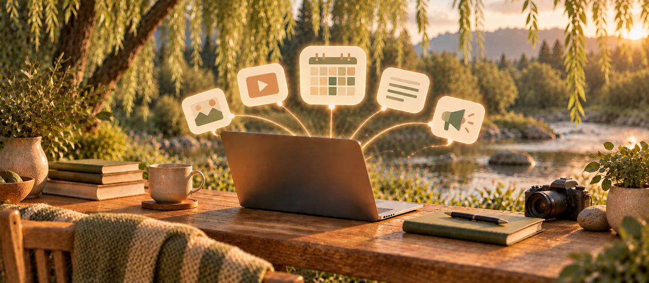 A laptop with calendar and content icons on a riverside desk under a willow