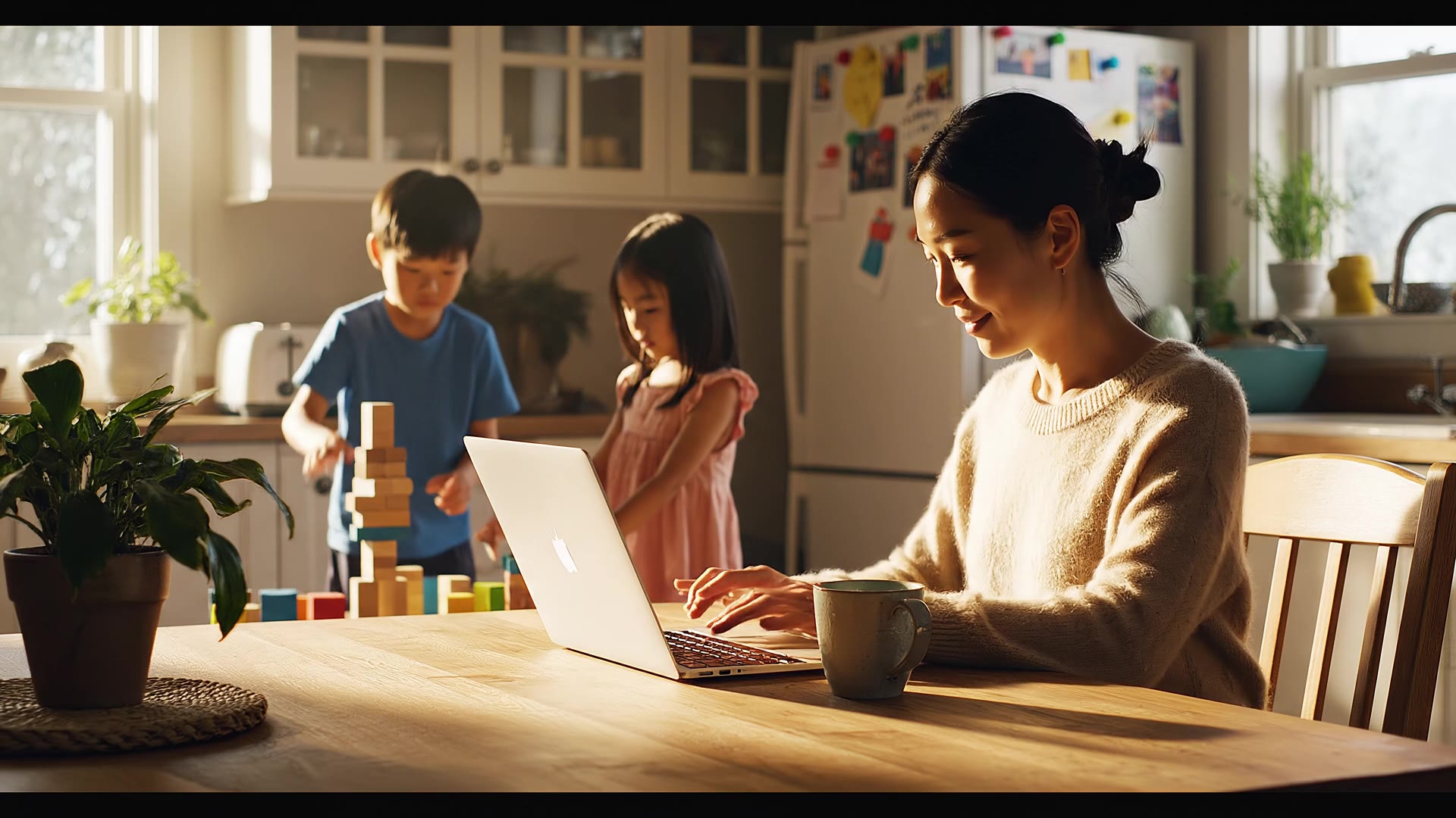 A family at a kitchen table, with a parent working on a laptop while the children are close by